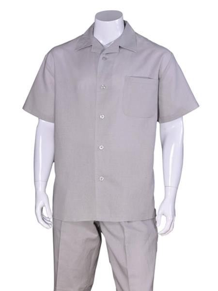 Plain Gray Short Sleeve Linen Casual Walking Suit