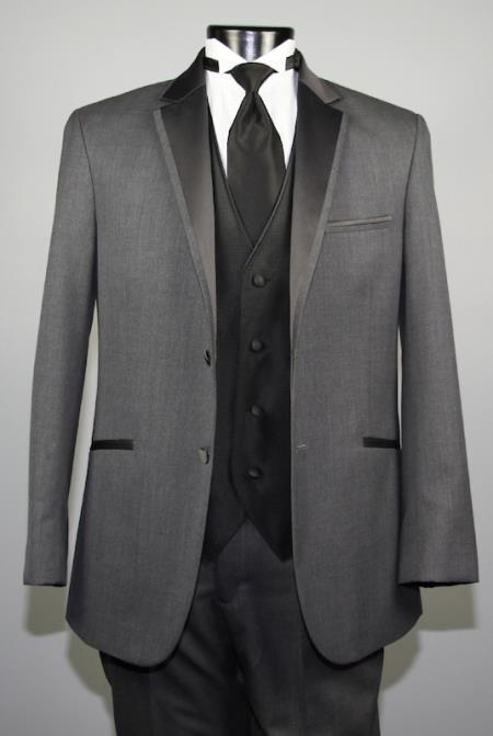  Dress Dark Charcoal Masculine color Gray ~ Grey Two buttons Wool fabric Tuxedo With Dark color black Notch Collared Collar And Perfect For Wedding