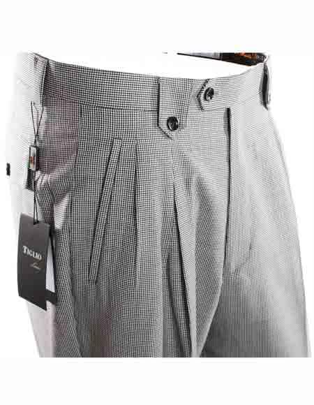 Men's Tiglio Black/White Italian Houndstooth Pattern Wide Leg 1 Wool Dress Pant
