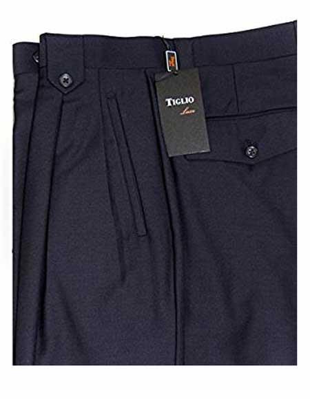 Tiglio Italian Style Navy Blue 1 Wool Double Pleats Wide Leg Dress Pant