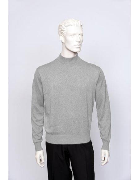 Long Sleeve Mock Neck Fine Gauge Knit Silver Sweater