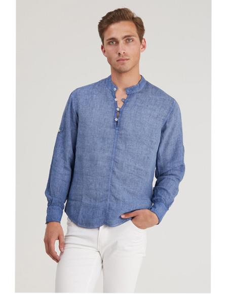 Long Sleeves washed henley Band Collar 100% Linen blue Shirt