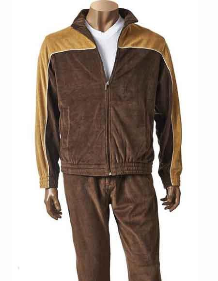 Inserch Brown Two Toned Front Zipper Closure Velour Jogging Suit With Piping