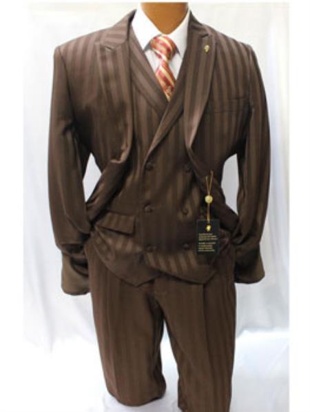 Falcone Mat 3 Piece Brown Pinstripe Vested Classic Fit Suit