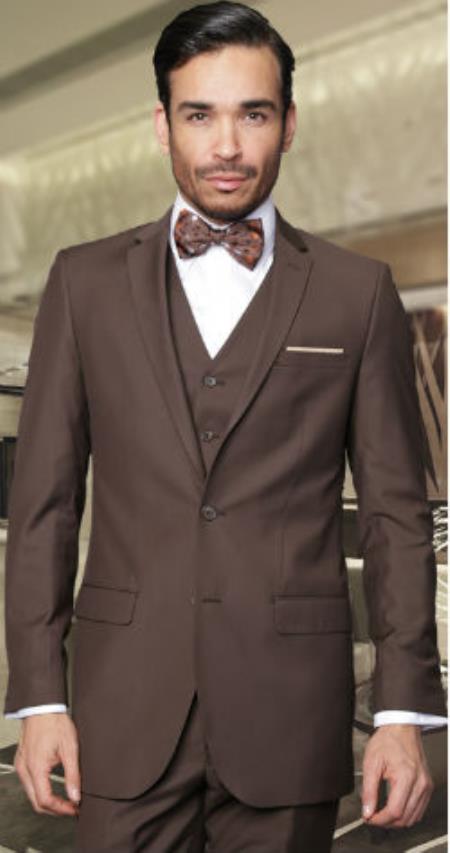 2-Button Vested three pieces 3PC Slim Fitted Cut Skinny Collared Wool fabric Suit Coco Chocolate brown