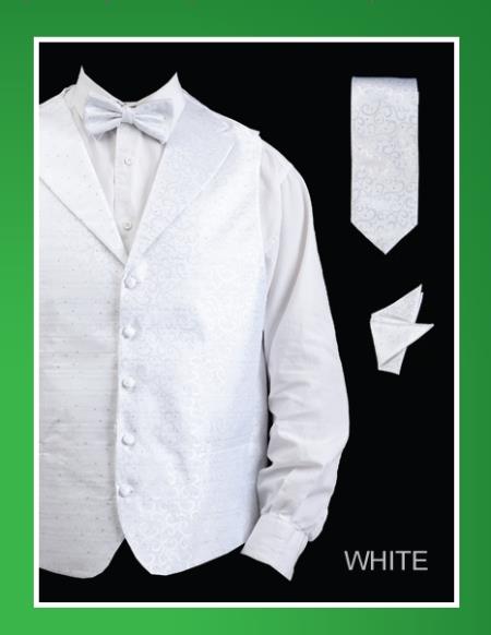 Men's Neck Ties - Mens Dress Tie - Trendy Mens Ties 4 Piece Groomsmen Wedding Vest ~ Waistcoat ~ Waist coat For Groom and Groomsmen Combo (Bow Groomsmen Ties, Neck Tie, Hanky) - Lapelled Vest White 
