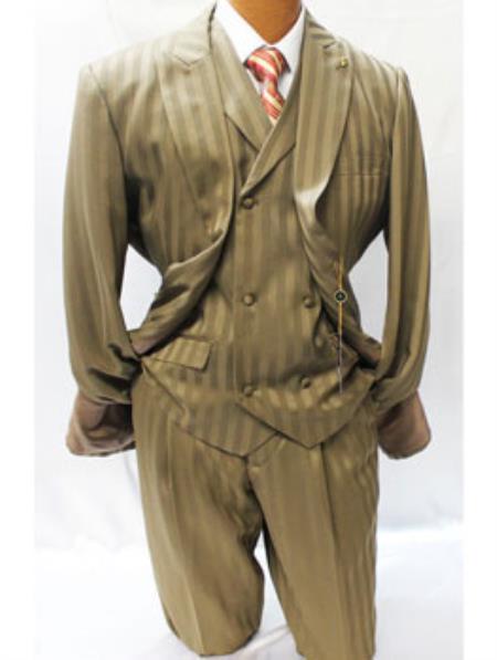 Falcone Mat 3 Piece Classic Fit Gold Taupe Pinstripe Vested Suit