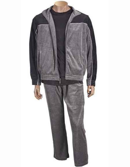 Inserch Two Toned Front Zipper Closure Velour Jogging Suit With Piping Gray
