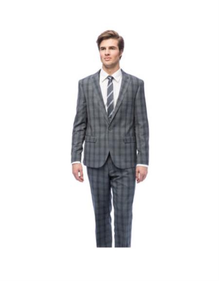 Men's West End Slim Fit Grey Plaid Vested Young Look Suit