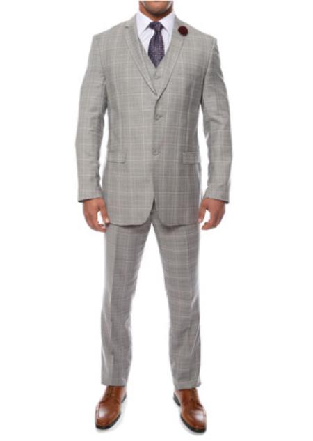 Men's 3 Piece Slim Fit Vested Lazio Window Pane Plaid Suit Light Grey