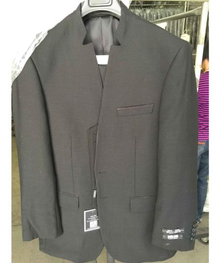 3PC No button Mandarin Suit Wool fabric With Satin Trim Dark color black
