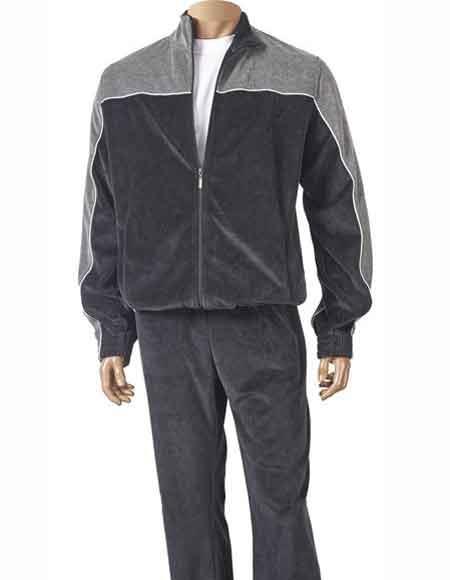 Inserch Front Zipper Closure Velour Jogging Suit Two Toned With Piping Black