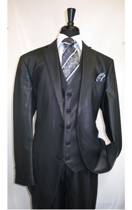  Shiny Shark skin Flashy Satin Looking Metallic Dark color Black Wedding / Prom - Mens Three Piece Suit - Vested Suit