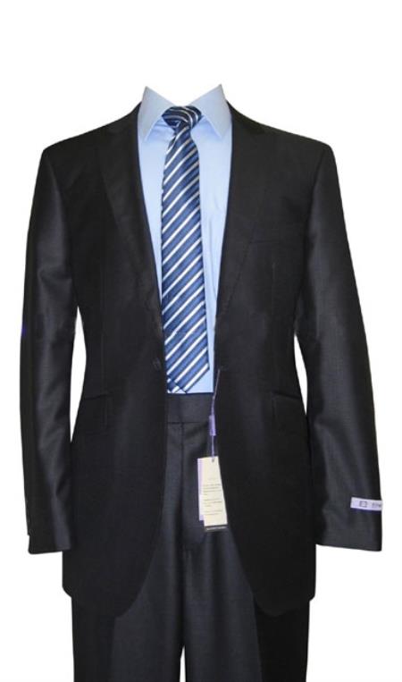  Single Buttons Peak Collared Navy Sharkskin Wool fabric & Silk Blend Flat Front Fitted Suit 