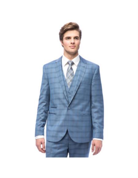 Men's West End Young-look Polyester/Viscose Slim-fit Peak Lapel Vested Suit Sky Blue