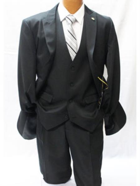 Falcone Vett 3 Piece Classic Fit Solid Black Vested Suit