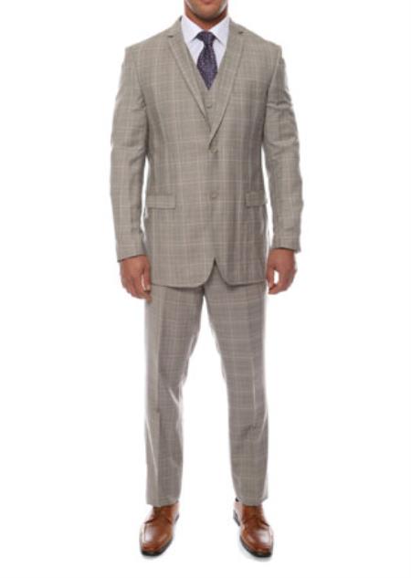 Men's 3 Piece Slim Fit Vested Taupe Grey Window Pane Plaid Suit Lazio
