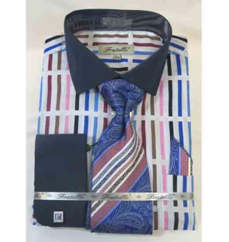  Bold Stripe Multi Pattern 100% Cotton French Cuff Blue Multi Dress Cheap Fashion Clearance Shirt Sale Online For Men