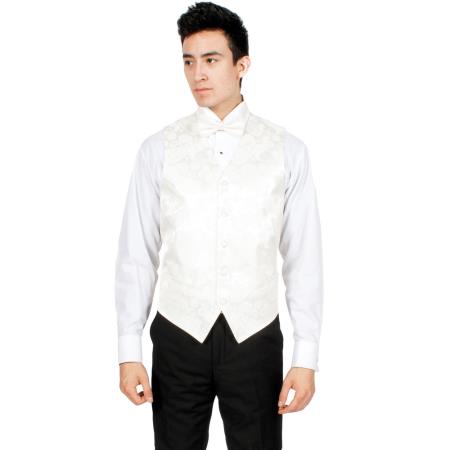  Big and Tall Large Man ~ Plus Size Suits Off-White Paisley Wedding Vest For Groom and Groomsmen Bowtie Necktie & Handkerchief Combo 