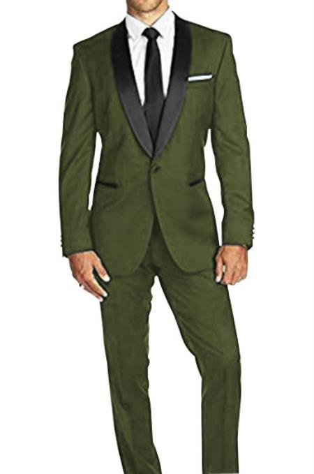  Mens Dark Green Suit Prom ~ Wedding Groomsmen Tuxedo Dark Olive Green Satin Shawl Lapel Solid Pattern 1 Button Suit