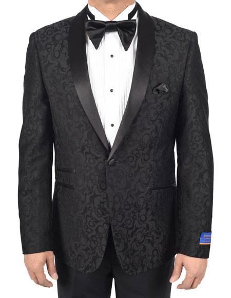  One Button Black Tuxedo Modern Geometric Pattern Satin Shawl Lapel Dinner Jacket