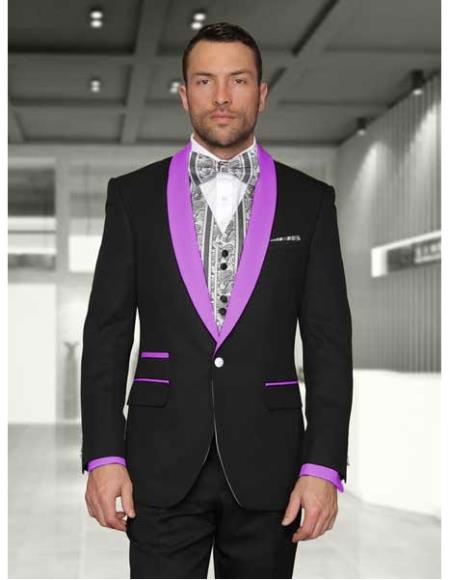 1 Button Black/Lavender Shawl Lapel Modern Fit Vested Tuxedos