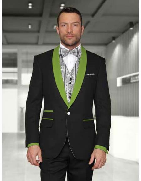 1 Button Black/Olivegreen Shawl Lapel Modern Fit Vested Tuxedos