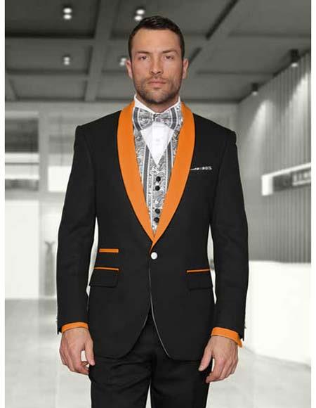 1 Button Black/Orange Modern Fit Shawl Lapel Vested Evening Tuxedos
