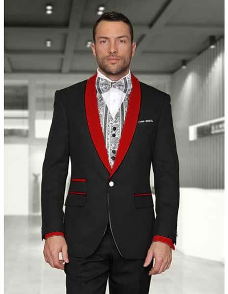 1 Button Black/Red Shawl Lapel Modern Fit Vested Evening Tuxedos