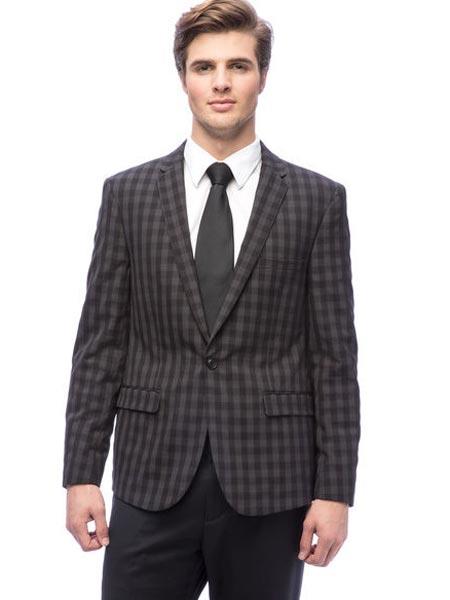 West End Black Men's 1 Button Check Pattern Polyester/Viscose Young Look Slim Fit Suit