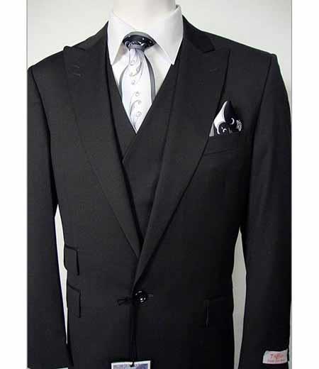 Tiglio Rosso Men's Italian Black One Button Peak Lapel Solid Vested Suit