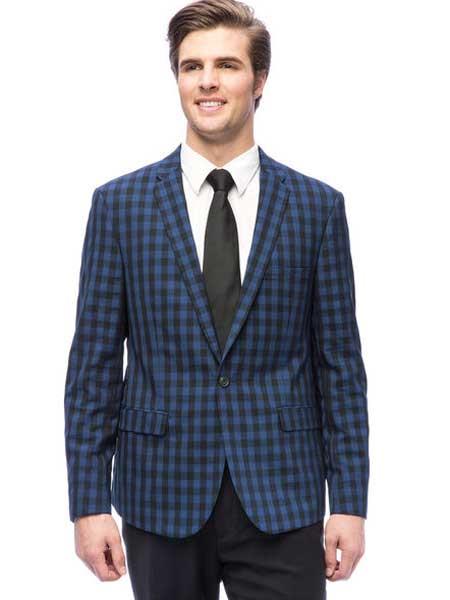 West End 1 Button Men's Young Look Notch Lapel Blue Check Pattern Slim Fit Suit