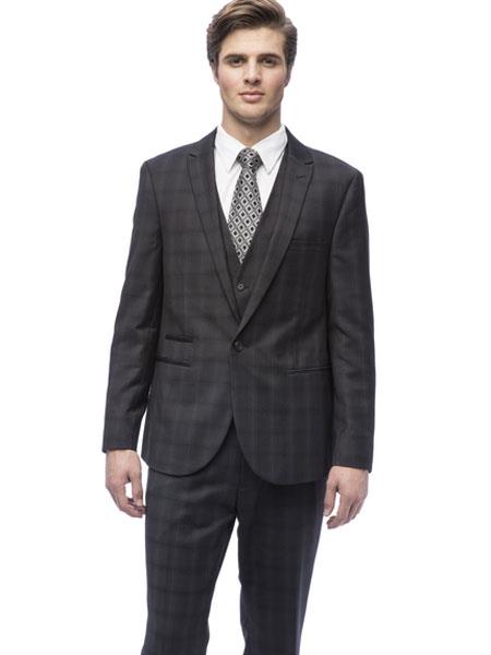West End Men's Peak Lapel 1 Button Slim Fit Plaid Charcoal Vested Suit