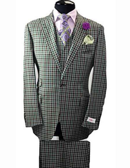 Tiglio Green Checked 1 Button Peak Lapel Italian Wide Leg Vested Wool Suit