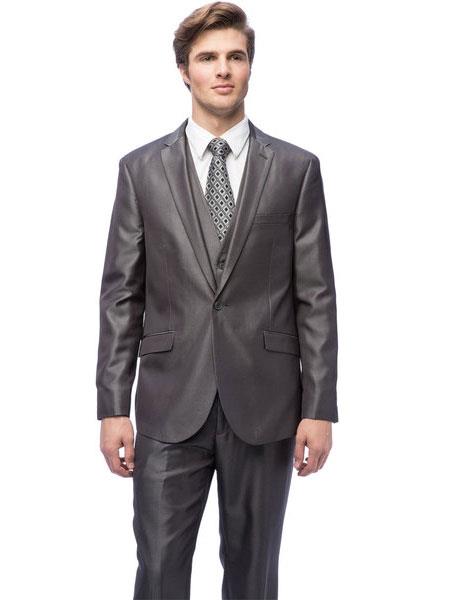 West End Men's Grey Slim Fit 1 Button Notch Collar Single Breasted Vested Suit