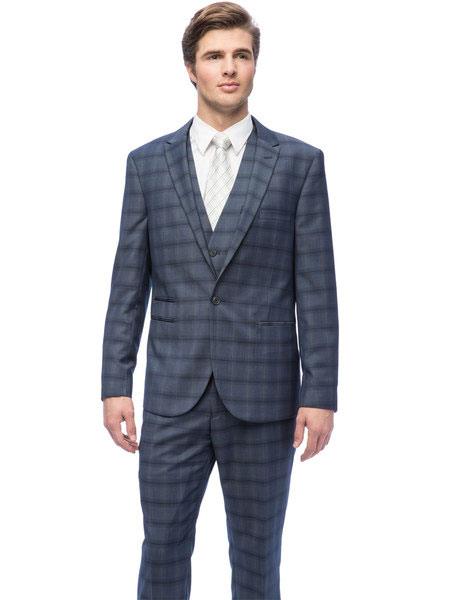 West End Men's 1 Button Plaid Young Look Navy Blue Peak Lapel Vested Slim Fit Suit