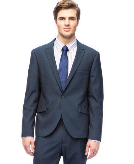 West End Men's 1 Button Slim Fit Peak Lapel Navy Blue Center Vent Suit