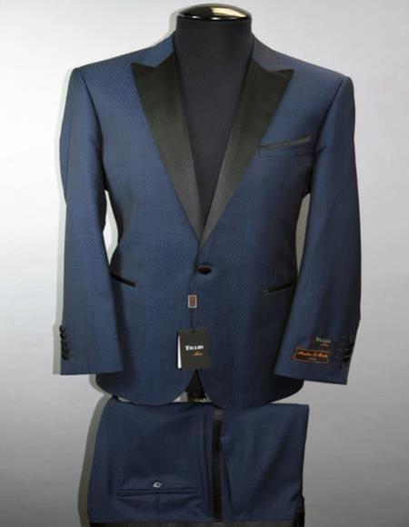 Tiglio Luxe Santo 1 Button Slim Fit Italian Wool Suit Satin Peak Lapel Navy Blue