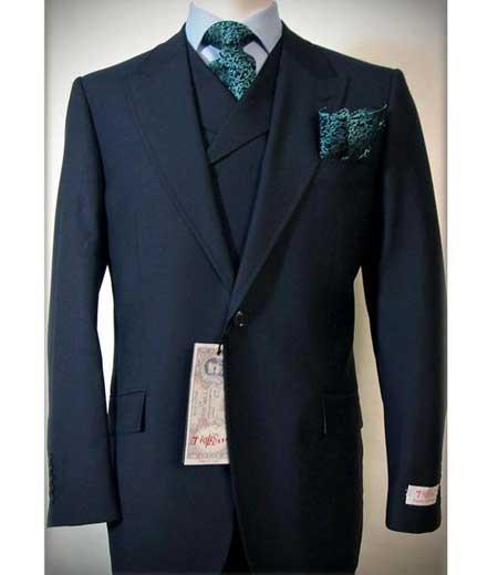 Tiglio Rosso 3 Piece Men's Solid Italian One Button Navy Peak Lapel Vested Suit