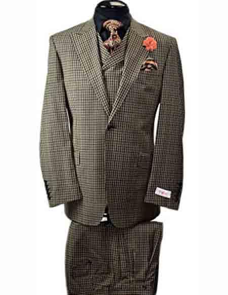 Men's 1 Button 1 Wool Wide Leg Pant Peak Lapel Olive Vested Italian Tiglio Rosso Suit