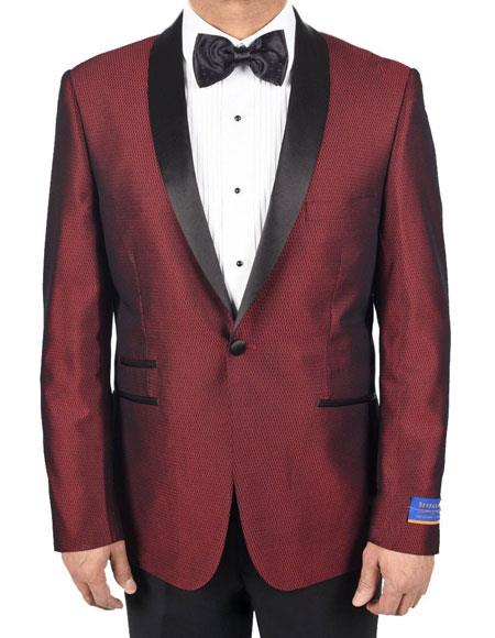 Red One Button Tuxedo Solid Pattern Satin Shawl Lapel Jacket