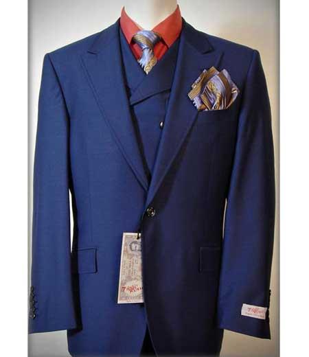 Tiglio Rosso 3 Piece Men's Italian Solid Royal Blue One Button Peak Lapel Vested Suit