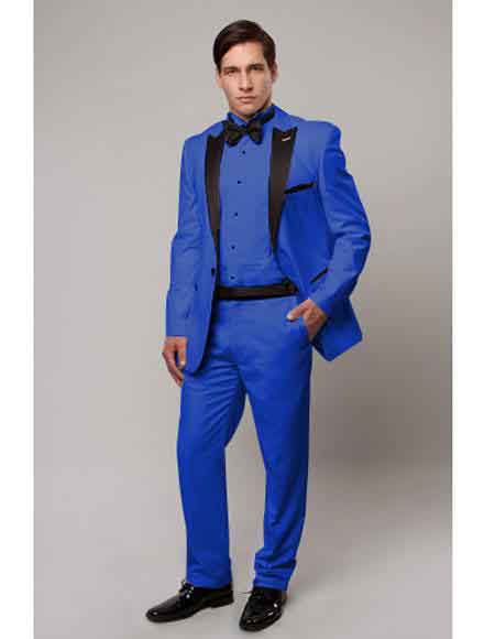   1 Button Slim Tux Royal Blue with Black Lapel Regular Fit Suit