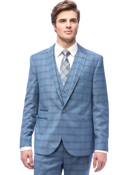 West End Men's Peak Lapel Plaid 1 Button Polyester/Viscose Slim Fit Vested Suit Sky Blue