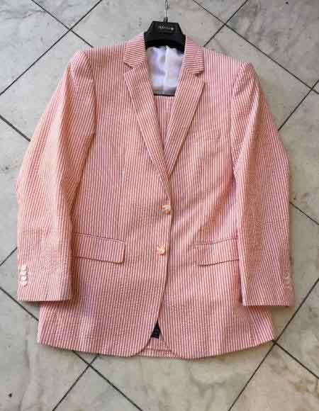 shipping Cotton Blend Seersucker suit Multi Color Orange Striped Wedding Suits For Men For Sale with Flat Front Pants
