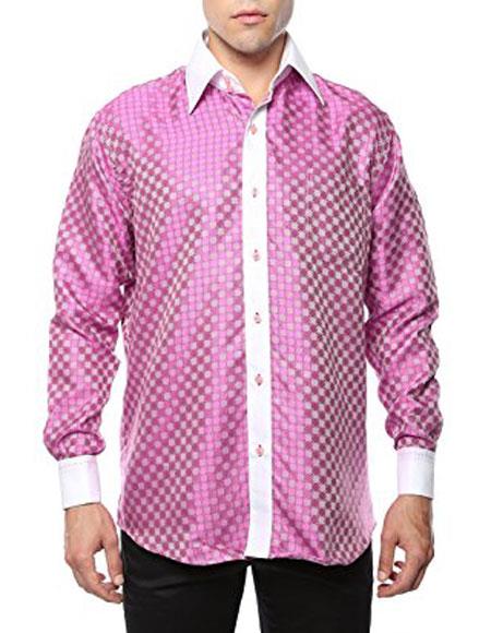 Two Toned Shiny Satin Floral ~ Flower Spread Collar Paisley Dress Cheap Fashion Clearance Pink-White Shirt Sale Online For Men Flashy Stage 