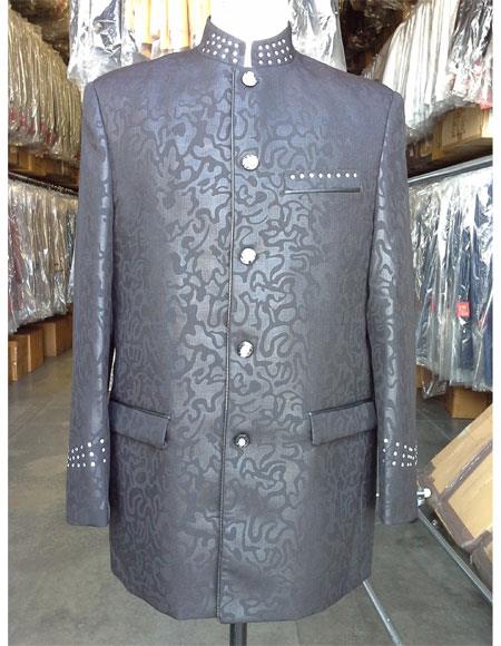  2 Piece  5 Button Black Mandarin ~ Nehru Collar Jacket Collarless Style Suits