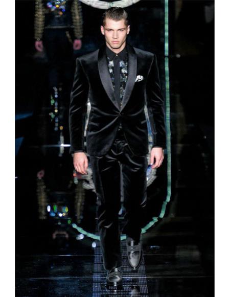 High Fashion Black Single Breasted Shawl Lapel Velvet Suit