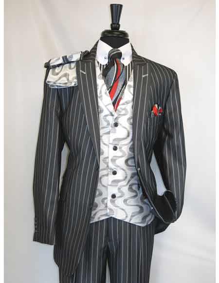 E.J.Samuel Charcoal Single Breasted Pin Stripe Peak Lapel Side Vents Suit Spiral Tapestry