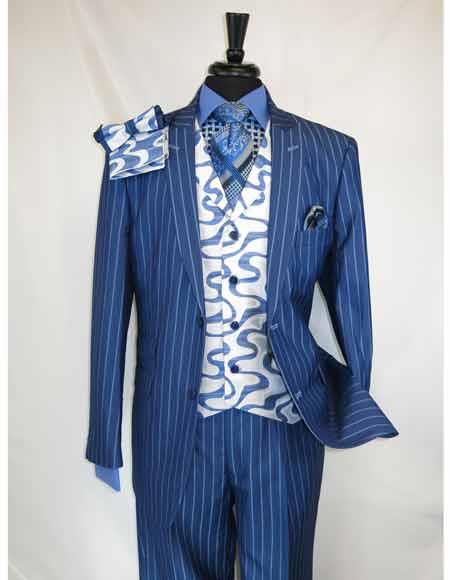 E.J.Samuel Cobalt Blue Single Breasted Peak Lapel Pin Stripe Suit Spiral Tapestry Print Vest